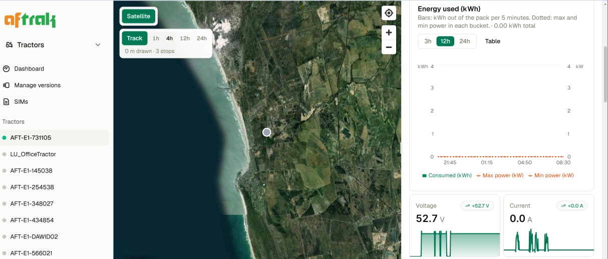 The Aftrak fleet dashboard: a list of tractors down one side, one unit plotted on a satellite map, and charts of energy used, pack voltage and current