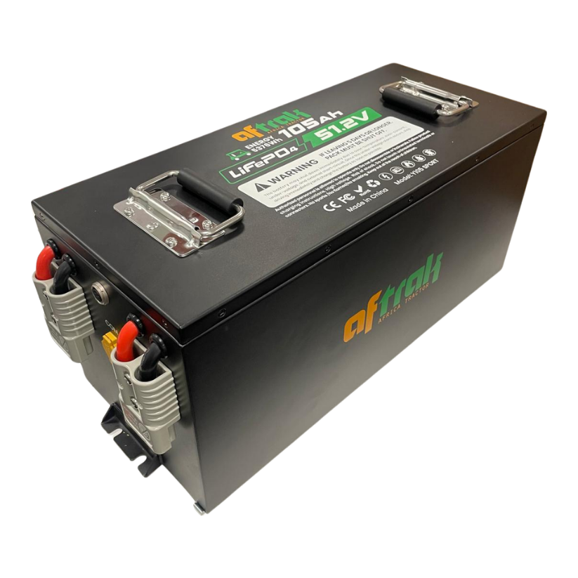 The Aftrak hot-swap battery: a black LiFePO₄ pack with carrying handles and Anderson connectors